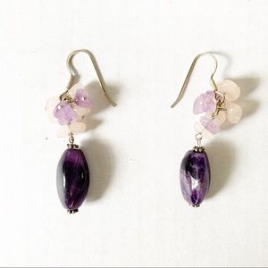 Amethyst stone rose quartz Sterling silver stamped drop Earrings